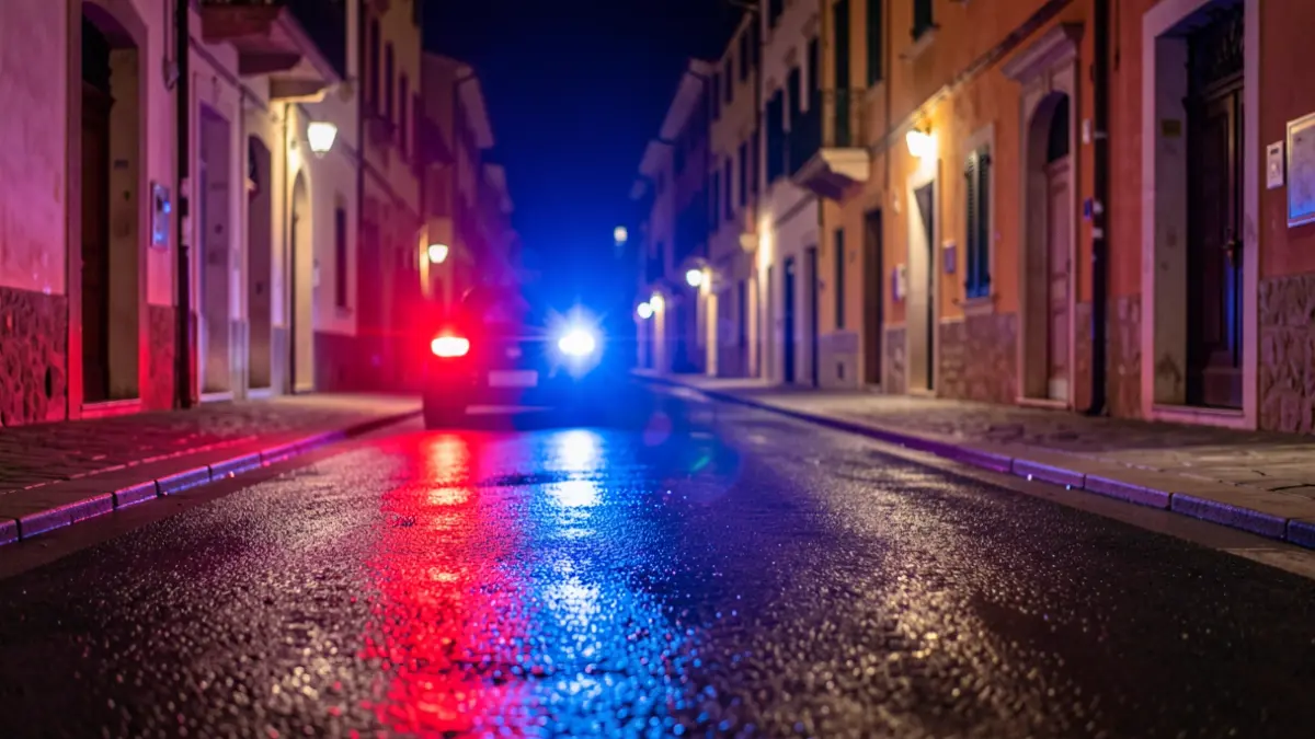 Imagen genérica de luces de emergencia policiales reflejándose en asfalto mojado por la noche.