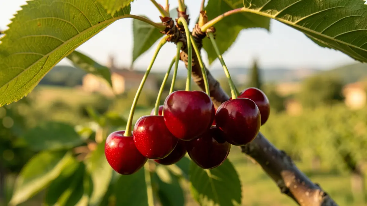 Ripe red cherries on a branch with green leaves and a Catalan rural landscape in the background.
