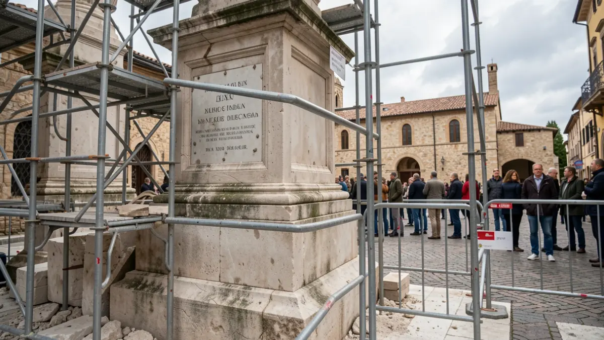 Generic image of a monument base with scaffolding and construction barriers.