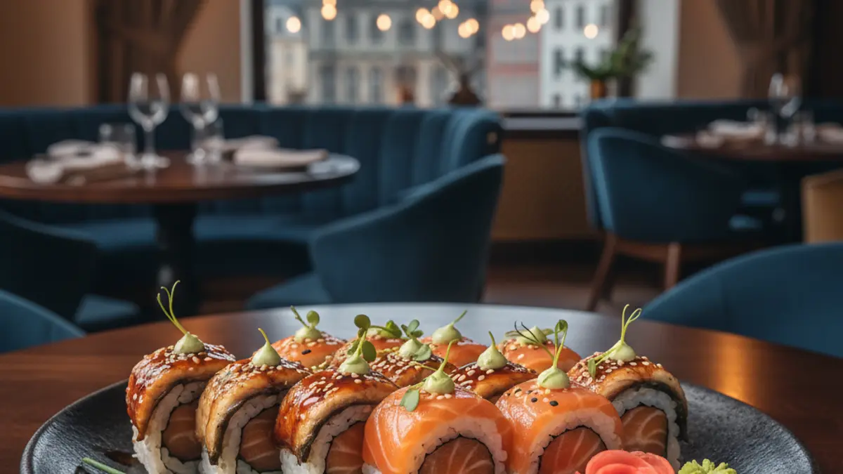 Eel and salmon maki dish in a modern restaurant.