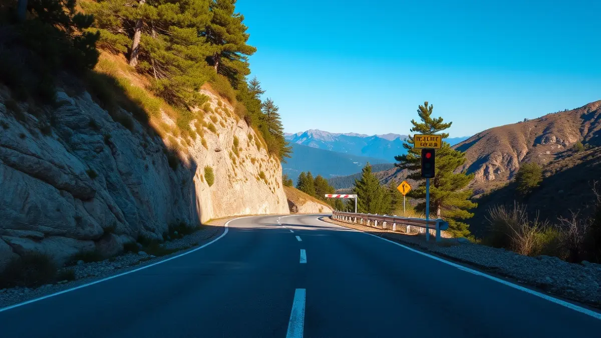 Mountain road with one lane closed by a traffic light, with visible cracks on the pavement.