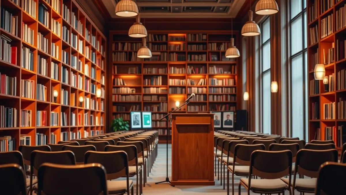 Imatge genèrica d'un interior de biblioteca amb un podi i cadires, representant un esdeveniment cultural.