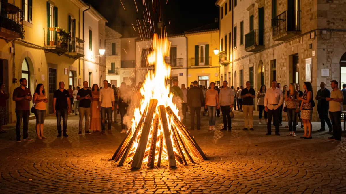 Imatge genèrica d'una foguera de Sant Joan en una plaça de poble.