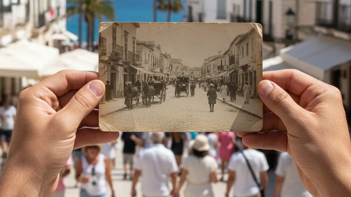 Imatge que fusiona una fotografia antiga amb una escena actual d'un carrer d'Alcover.