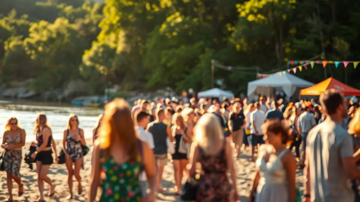 Image of a cultural festival by a river, with artistic activities and people enjoying the atmosphere.