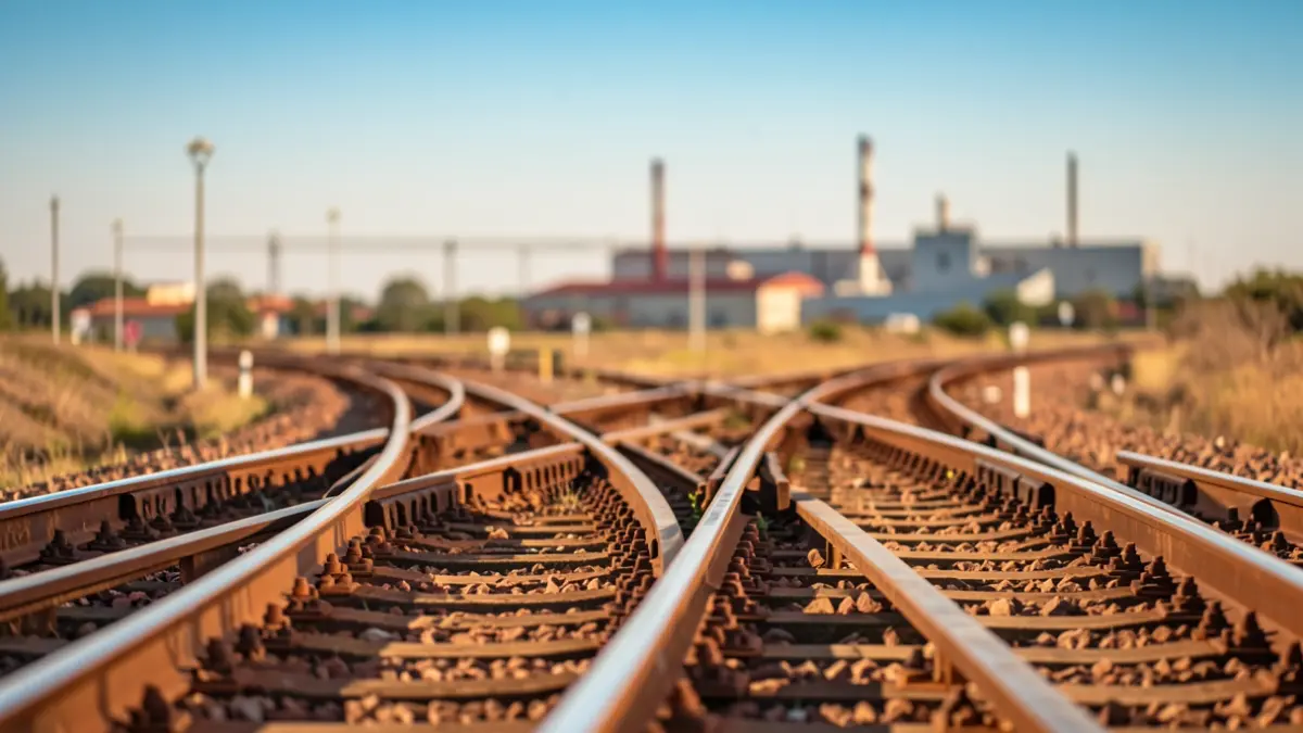 Imatge genèrica de vies de tren convergint cap a una zona industrial.