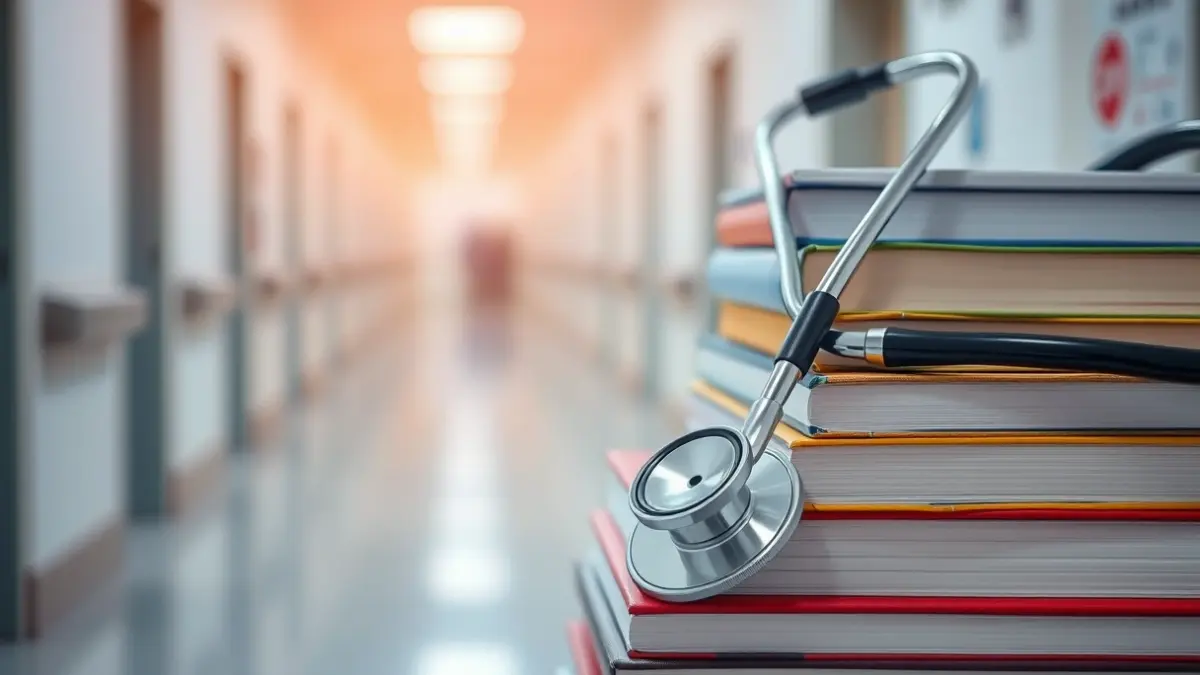 Imagen genérica de un estetoscopio sobre libros de medicina, simbolizando la sanidad.