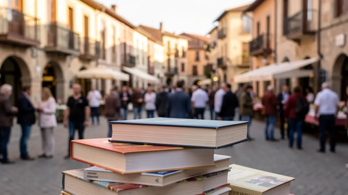 Imagen genérica de libros frente a una plaza de pueblo catalán.