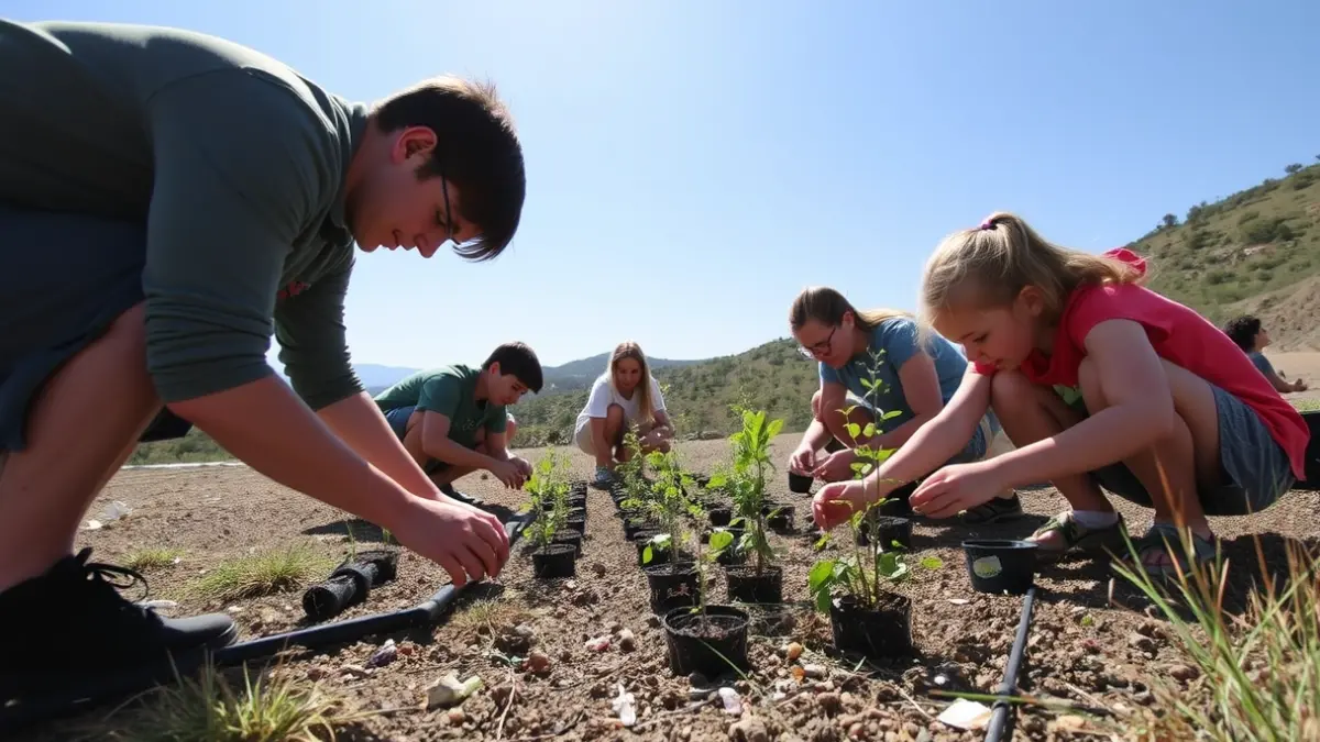 Students performing planting and waste collection tasks in a natural environment.