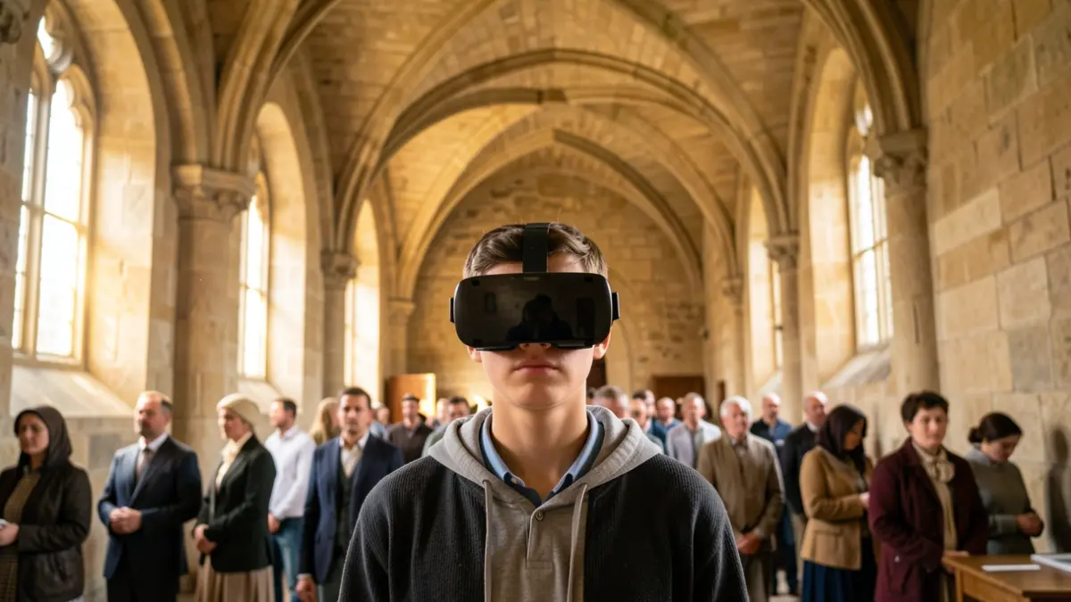 Students using virtual reality goggles to explore Catalan historical heritage.