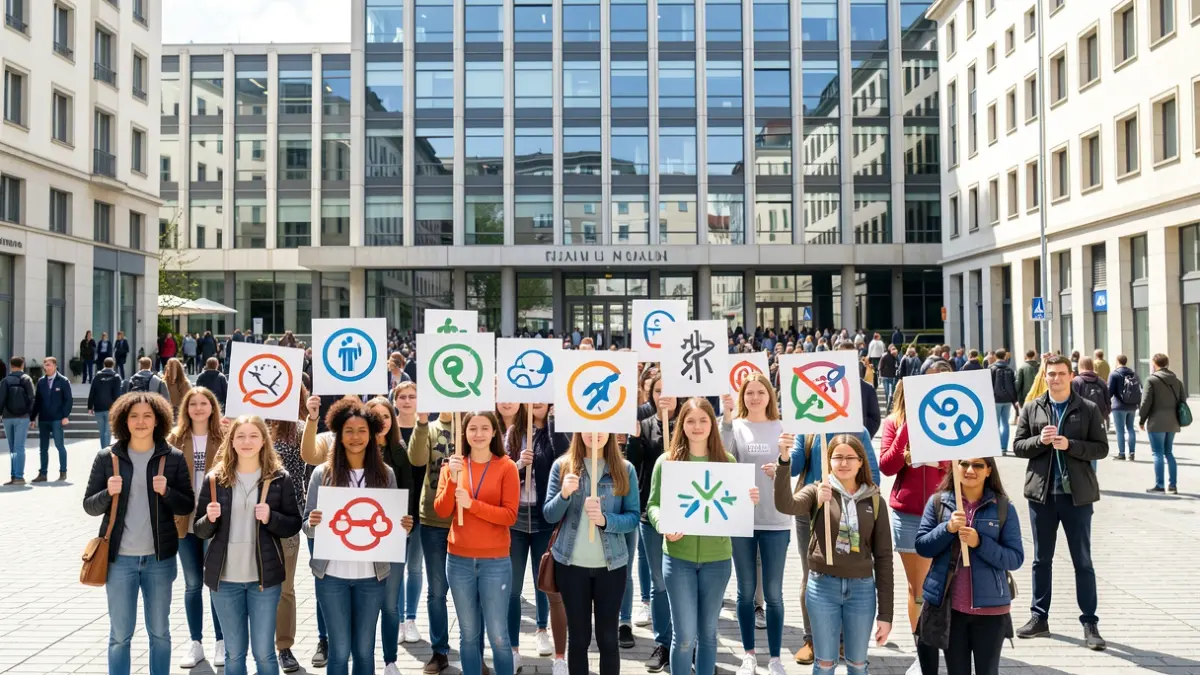 Generic image of students in front of a municipal building.