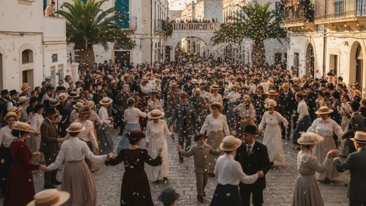 Image of a historical reenactment with people in period costumes on a festive street.