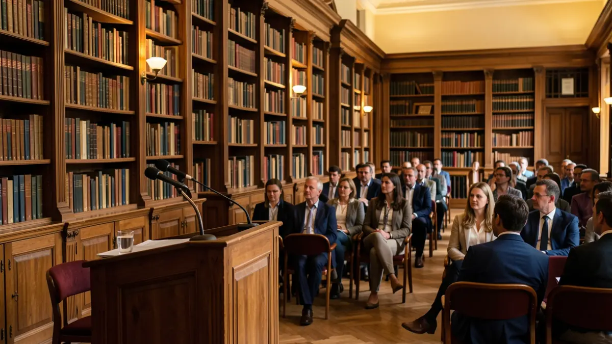 Imatge genèrica d'una sala de conferències amb llibres i un faristol.