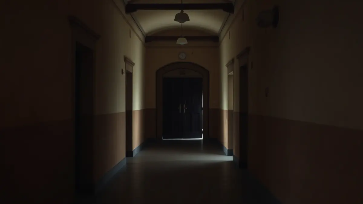 Imatge d'un passadís buit amb il·luminació institucional, evocant un lloc de memòria històrica.