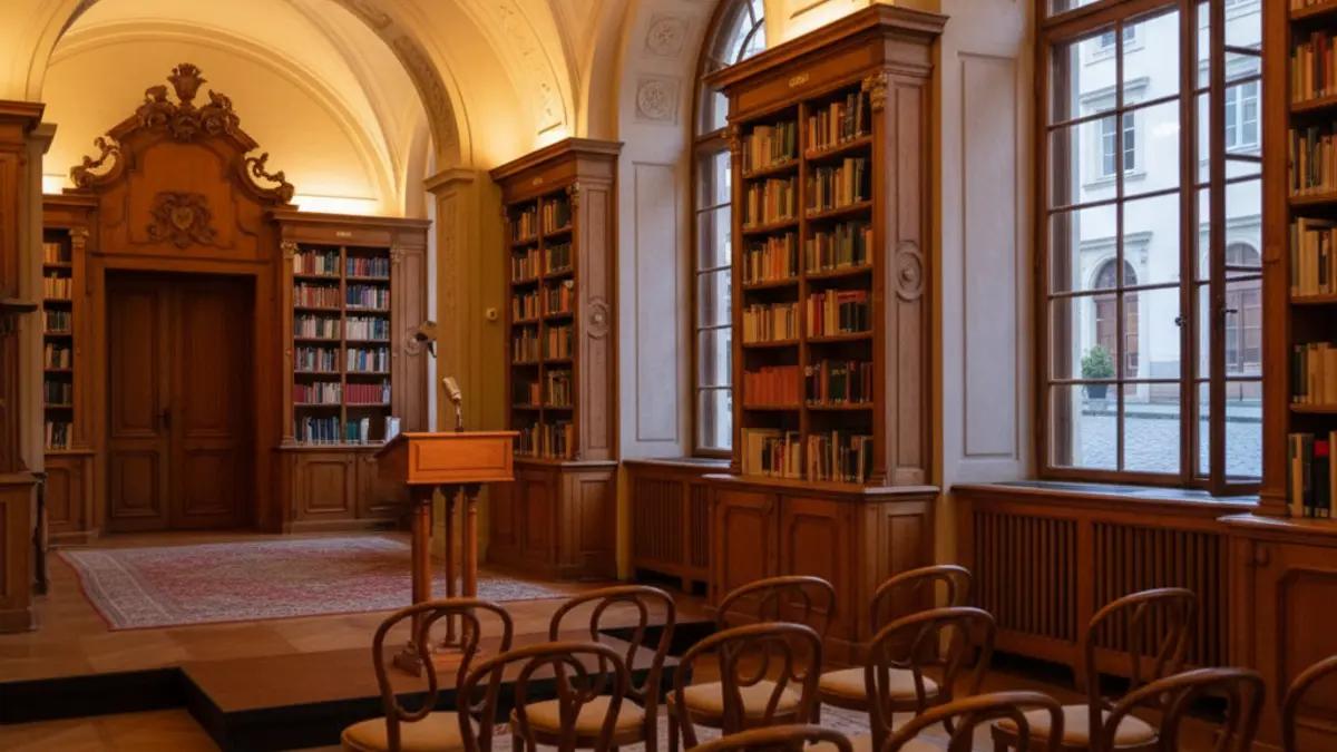 Generic image of a literary presentation hall with a podium and empty chairs.