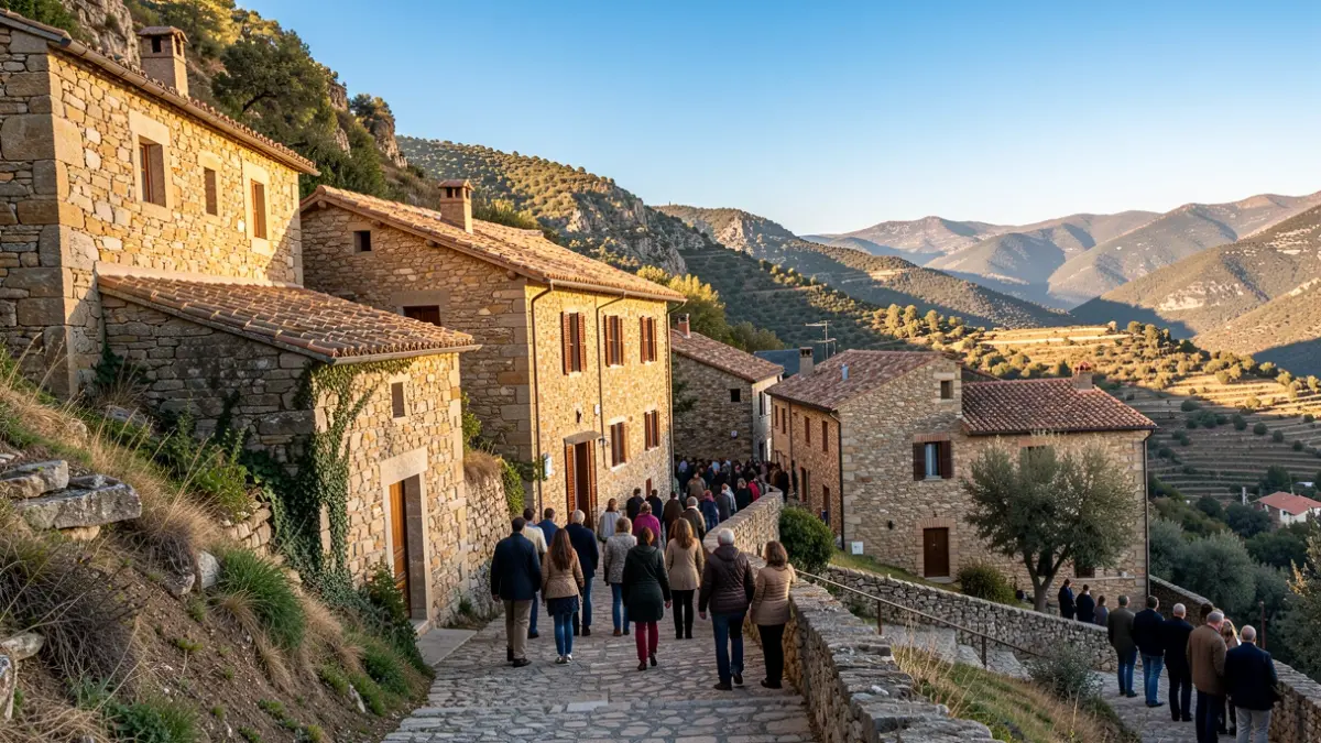 Imatge genèrica d'un poble de muntanya a Catalunya amb cases de pedra i vistes espectaculars.