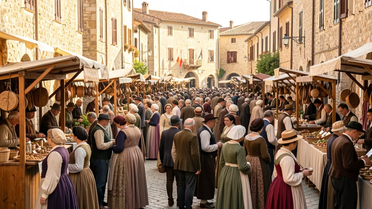 Ambiente festivo en la Festa del Mercat de Amposta con ciudadanía y puestos tradicionales.