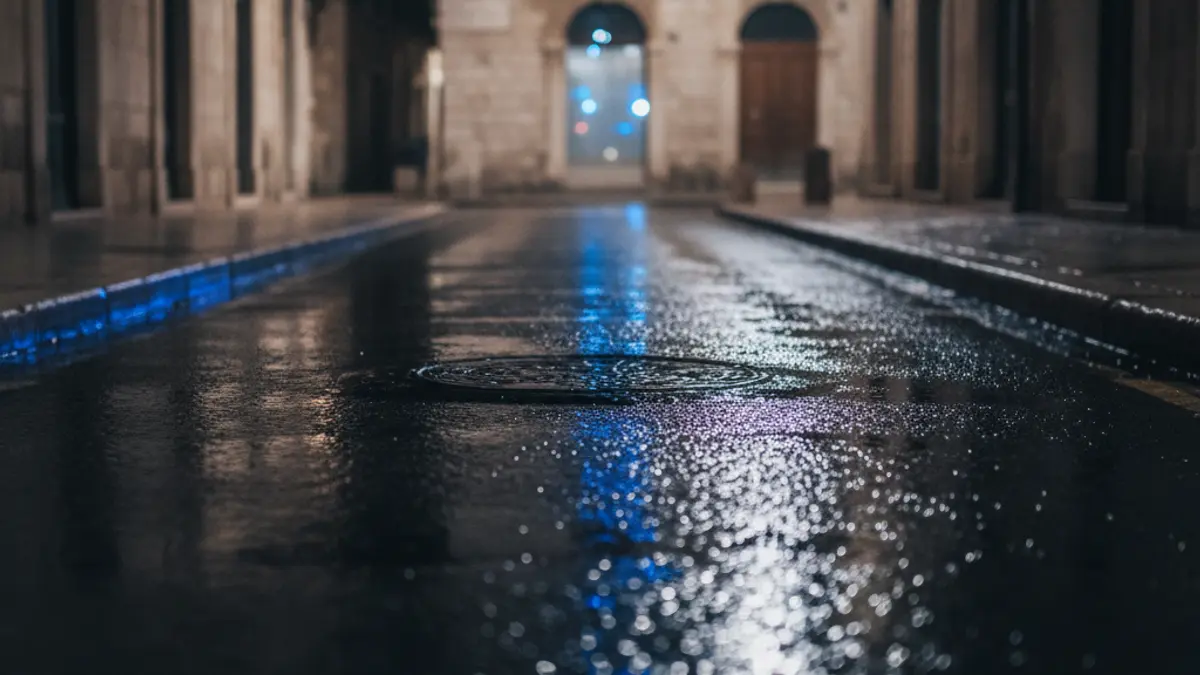 Generic image of emergency lights reflecting on wet asphalt at night.