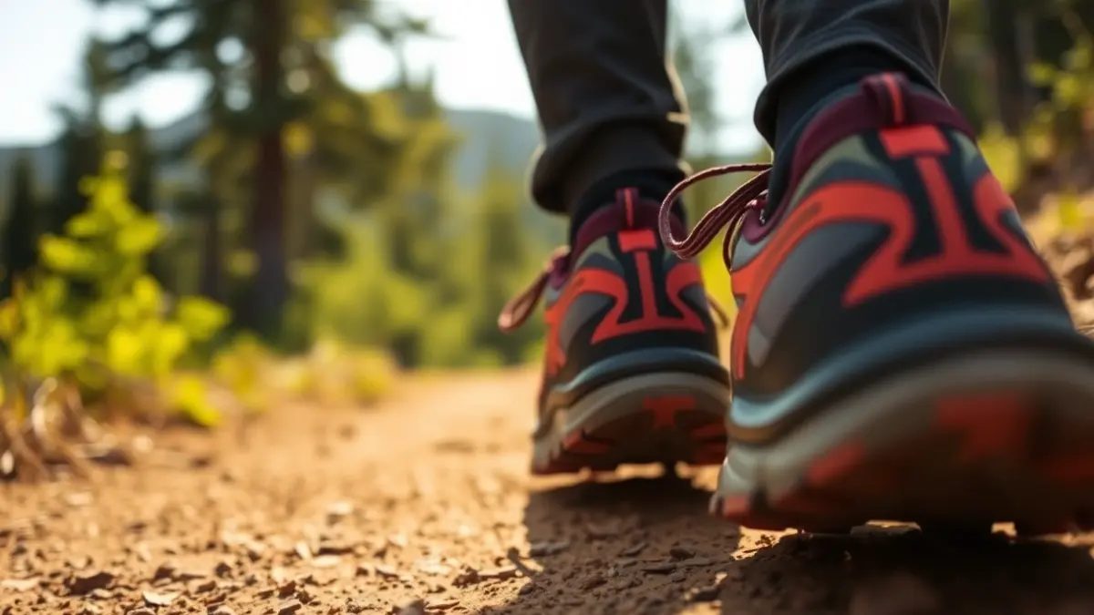 Imagen genérica de zapatillas de montaña en un sendero forestal.