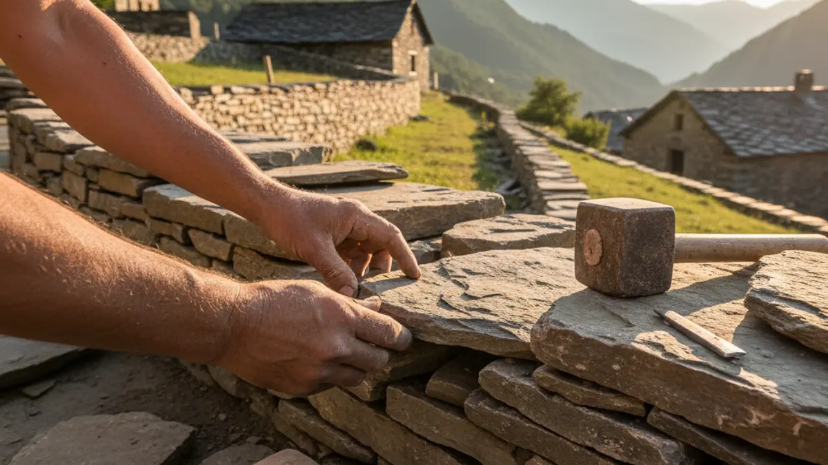 Generic image of hands building a dry stone wall in a mountainous setting.