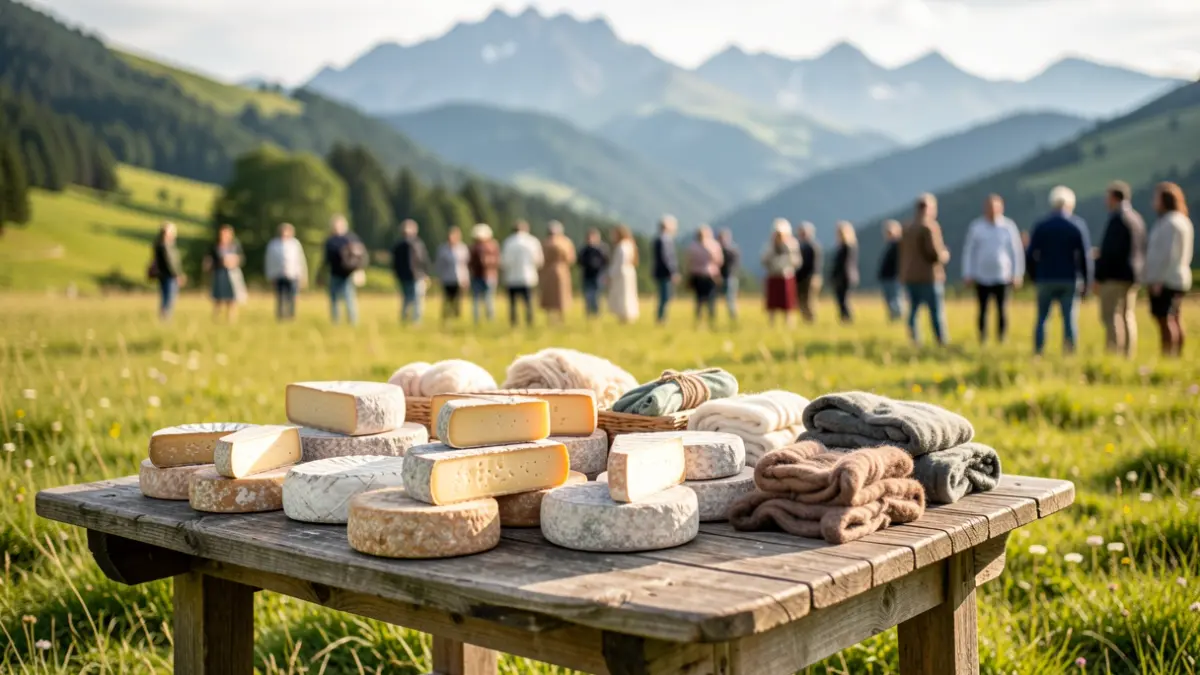 Artisanal and livestock products stall in a mountain setting during a fair in Pallars Sobirà.