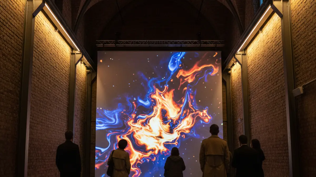 Image of a digital art exhibition in an industrial space.