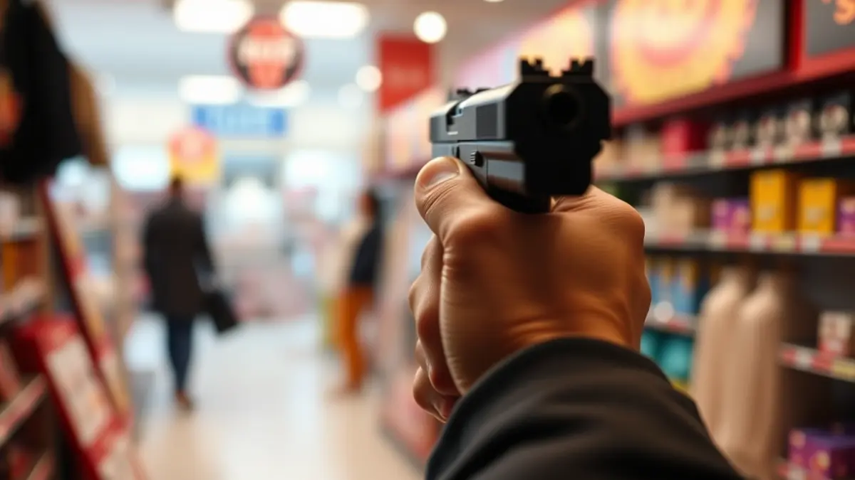 Imagen de una mano con una pistola en el interior de una tienda.
