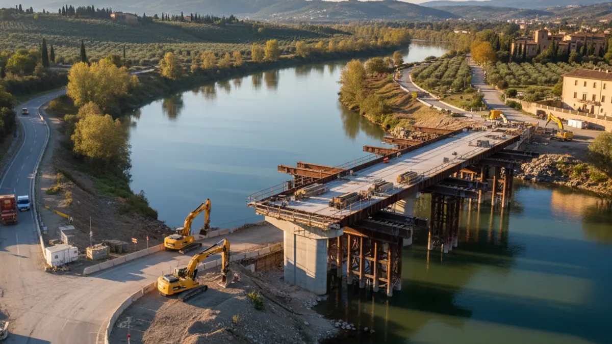 Obras de ampliación de un puente sobre un río con maquinaria pesada y un paso provisional.