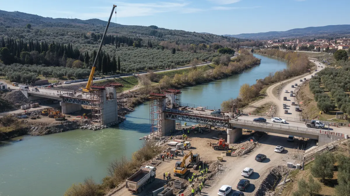 Imagen de obras de ampliación de un puente sobre un río.