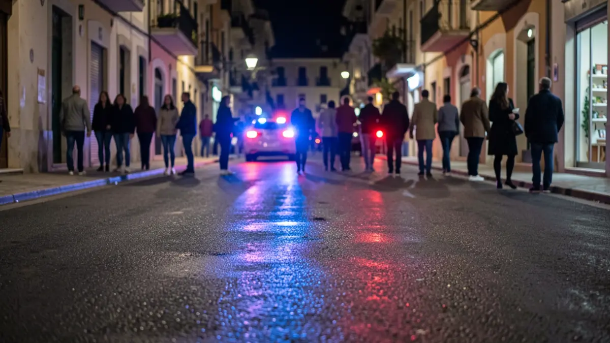 Imagen genérica de luces de emergencia policiales reflejándose en asfalto mojado por la noche.