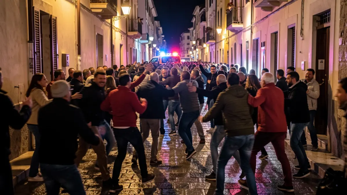 Generic image of a large nighttime brawl in a narrow street.