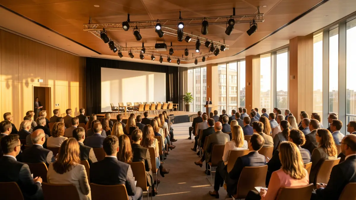Image of a modern conference hall prepared for an economic event in Barcelona.