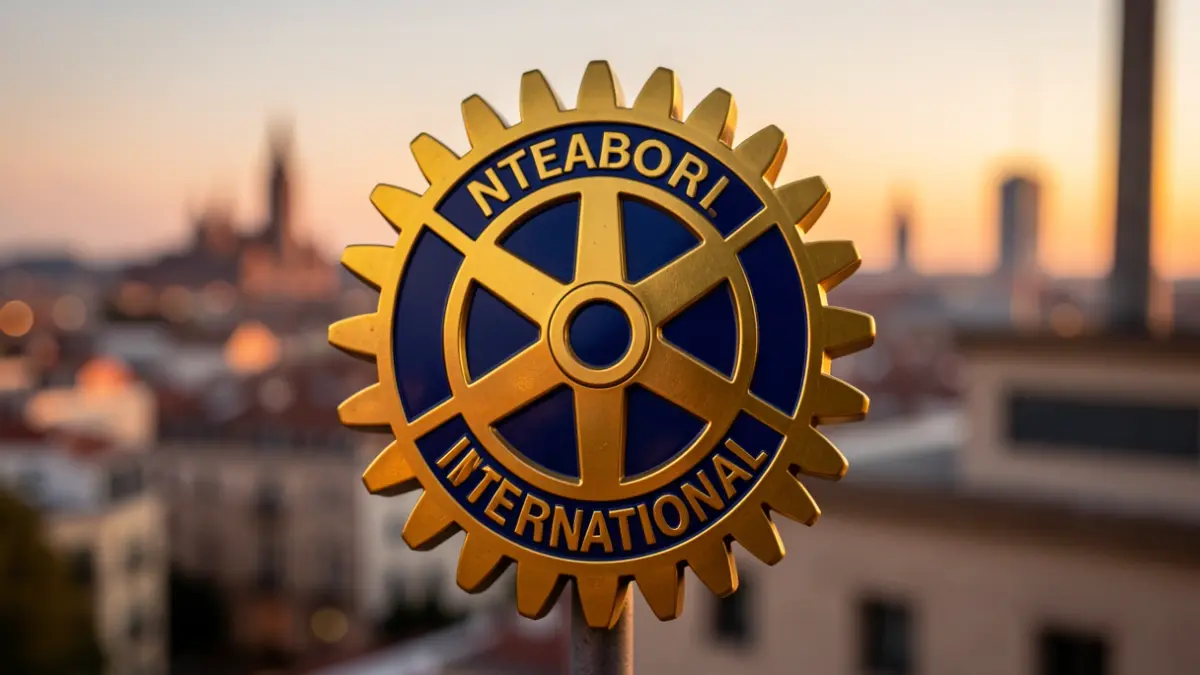 Emblema del Rotary International con el perfil de Barcelona al fondo.
