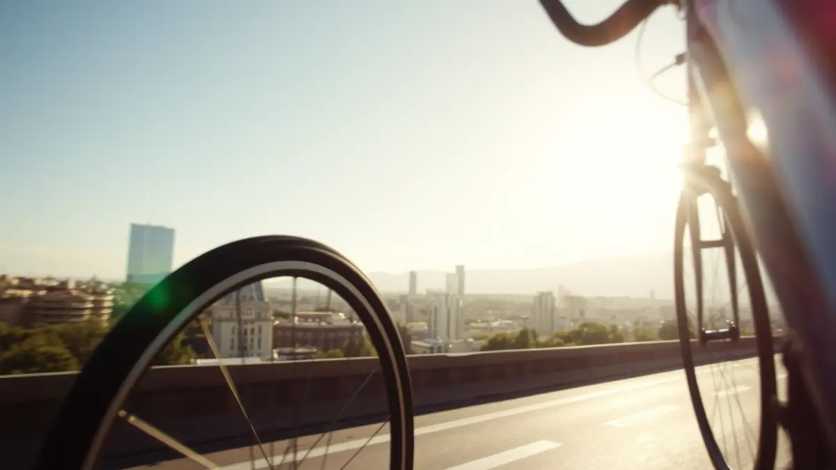 Imagen de una bicicleta con el fondo de la ciudad de Barcelona