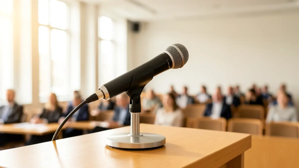 Imatge genèrica d'un micròfon en un faristol durant una conferència.