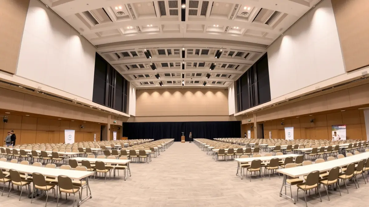 Imatge genèrica de l'interior d'un pavelló de fira preparat per a un esdeveniment.