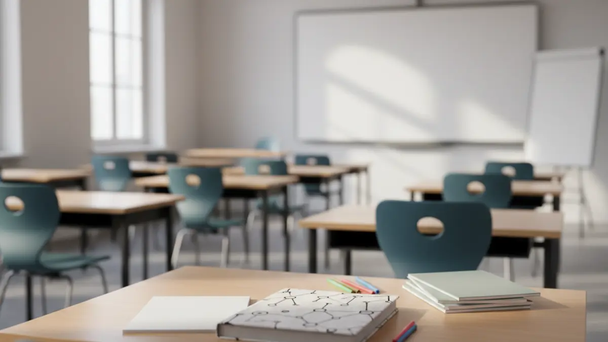 Generic image of a modern classroom with empty desks, symbolizing language learning.