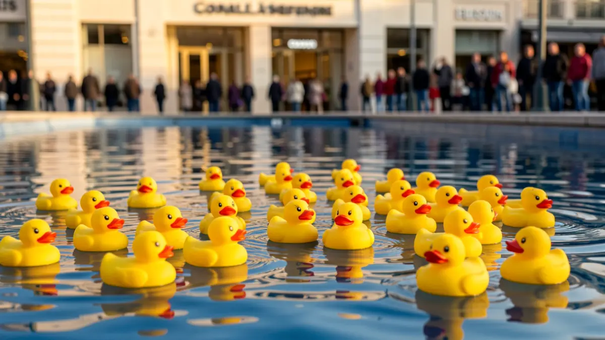 Imatge genèrica de patos de goma flotant en aigua amb un centre comercial al fons.