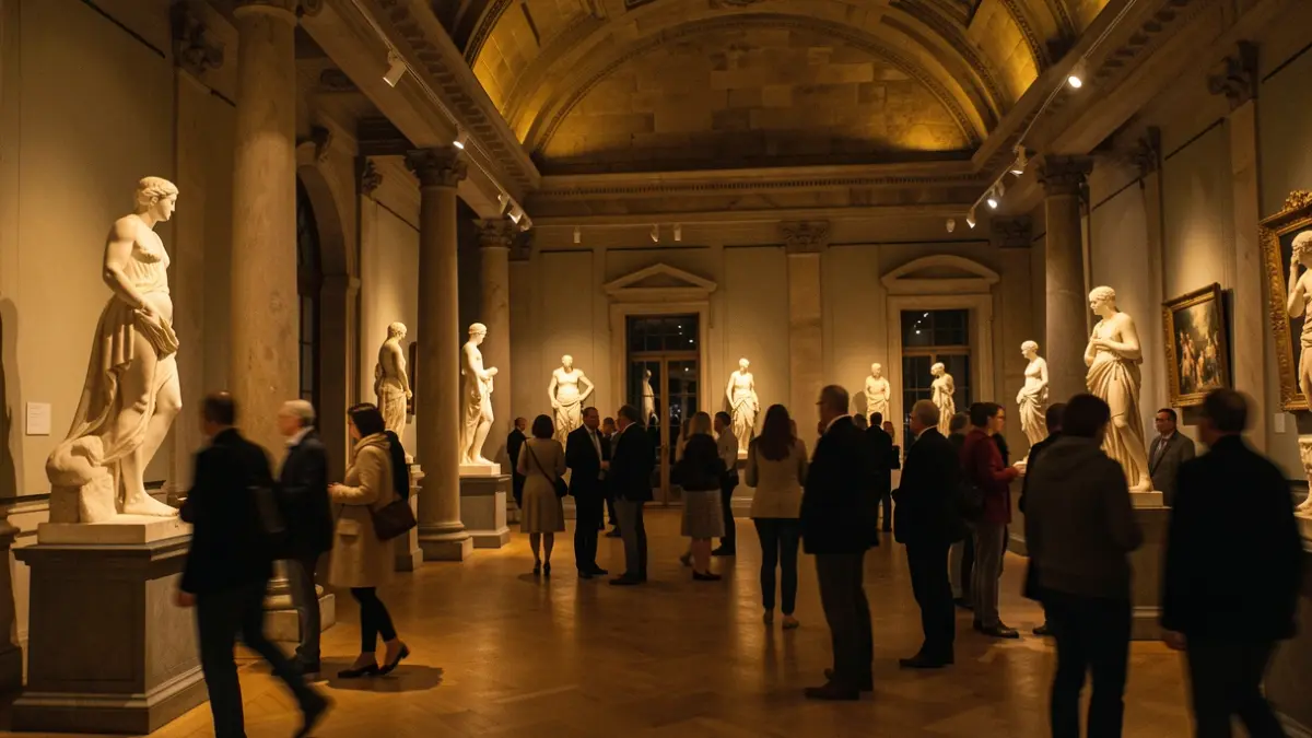Generic image of a museum interior illuminated at night.