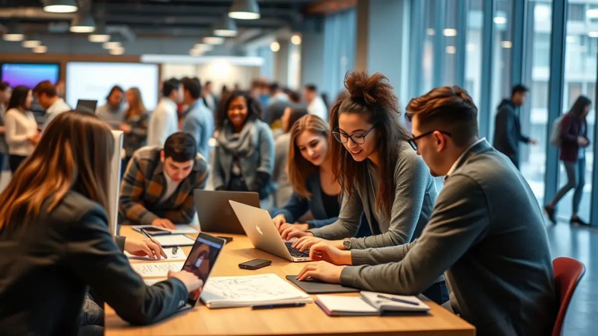 Estudiantes universitarios colaborando en una hackatón en el Parque Tecnológico de Barcelona Activa.