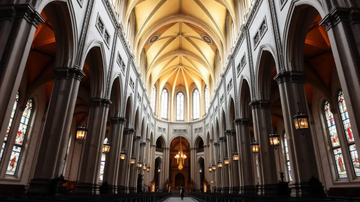 Generic image of a basilica interior with high ceilings and stained glass.