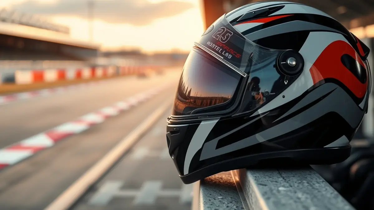 Imatge genèrica d'un casc de motociclisme en un circuit.