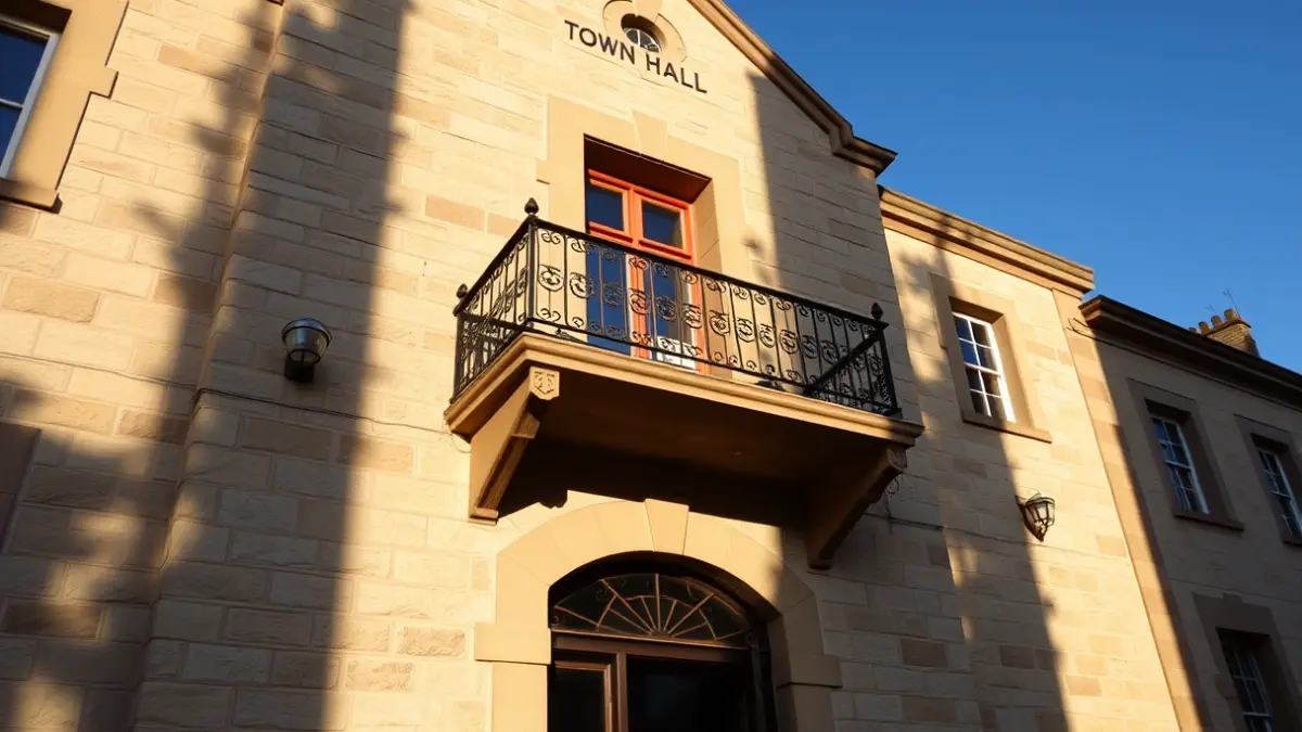 Stone town hall facade with ornate balcony under sunlight.