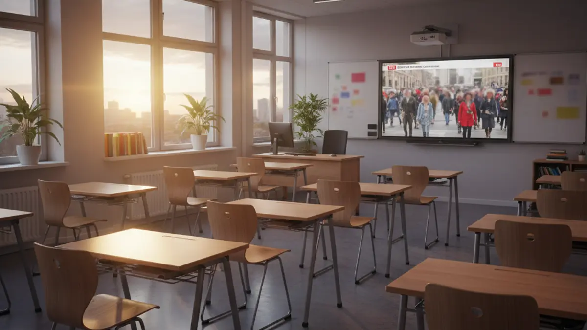 Generic image of a modern classroom with empty desks and chairs, warm lighting.