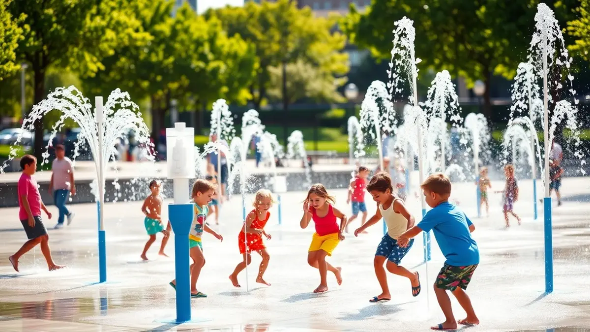 Generic image of an urban water playground with children playing.