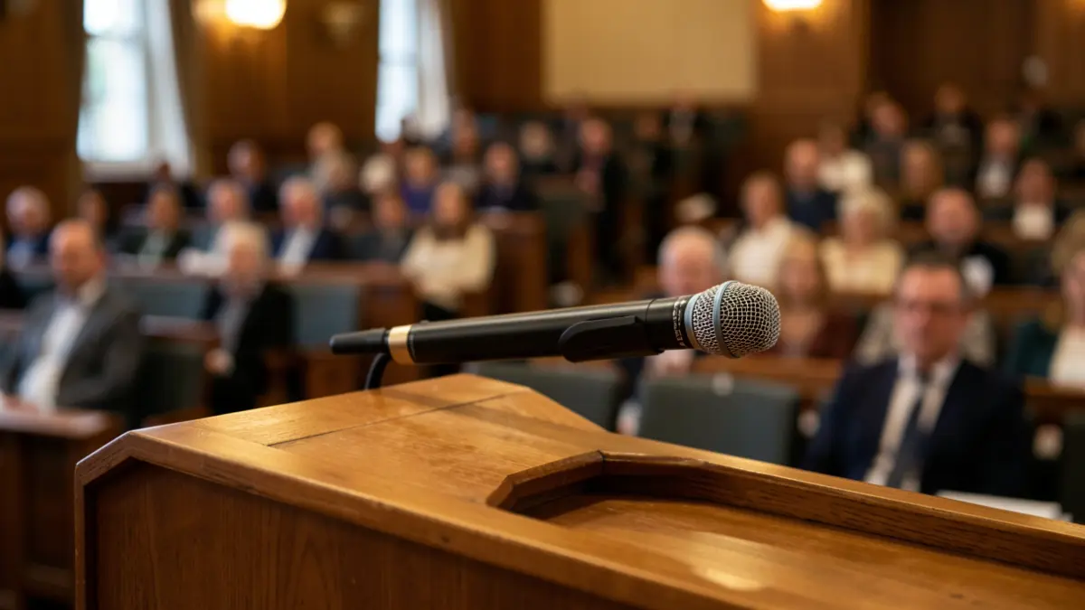 Generic image of a podium with a microphone in a municipal council chamber.