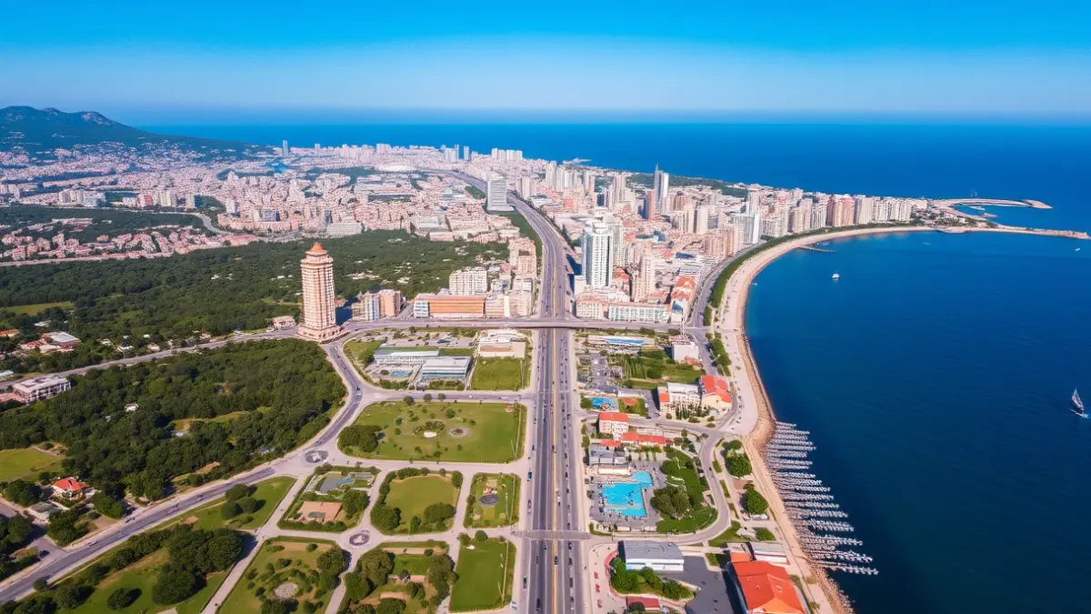Aerial view of an urban area with an axis connecting the center to the sea.
