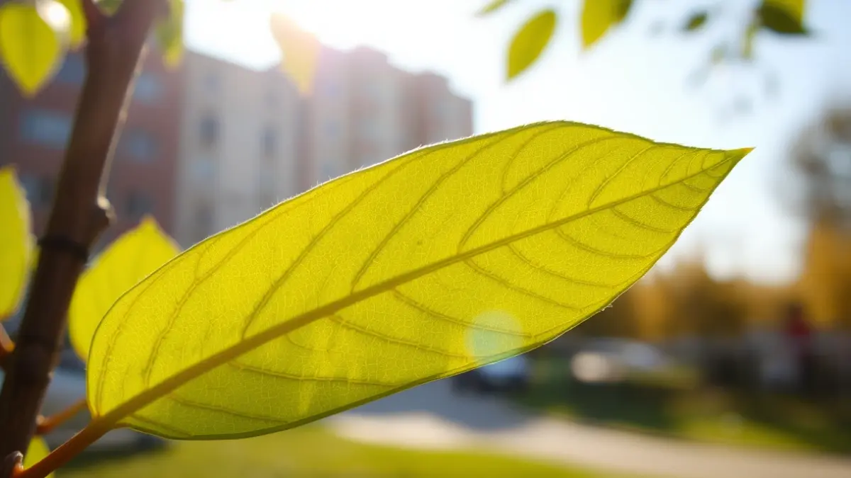 Plane tree leaf with pollen, with a blurred urban background.