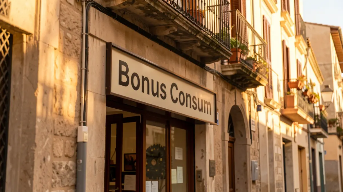 Imatge genèrica d'un comerç de barri a Barcelona amb un anunci de 'Bonus Consum'.