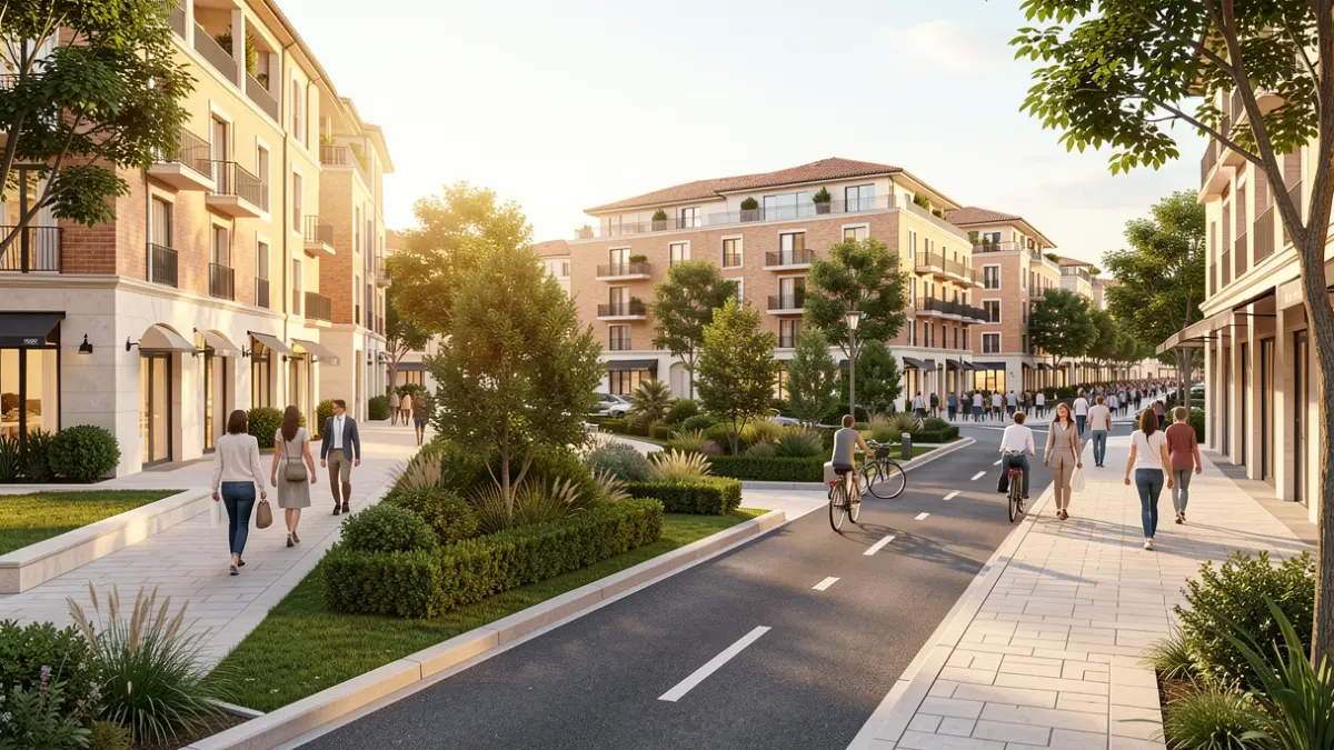 Generic image of a modern urban boulevard with green spaces and bike lanes.